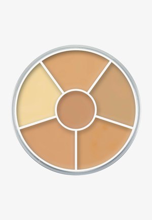 Round makeup palette with six shades of beige and brown concealer arranged in a circle with a silver rim.