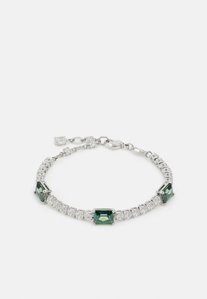 Silberarmband mit smaragdschliff grünen Steinen und runden klaren Kristallen, mit einem Verschluss und einer verstellbaren Kette.