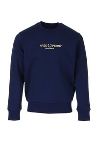 Felpa blu navy in misto cotone, con polsini e orlo a costine, e logo ricamato in oro "FRED PERRY SPORTSWEAR" sulla parte anteriore.