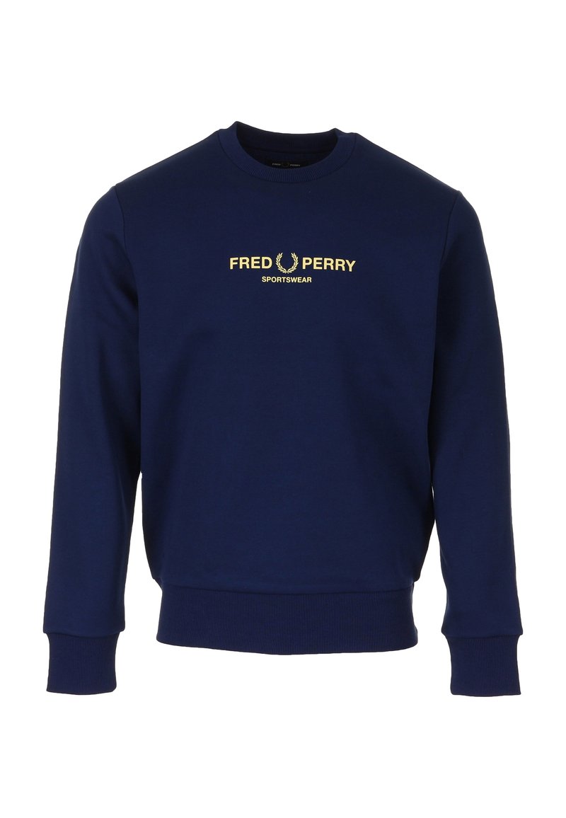 Felpa blu navy in misto cotone, con polsini e orlo a costine, e logo ricamato in oro "FRED PERRY SPORTSWEAR" sulla parte anteriore.