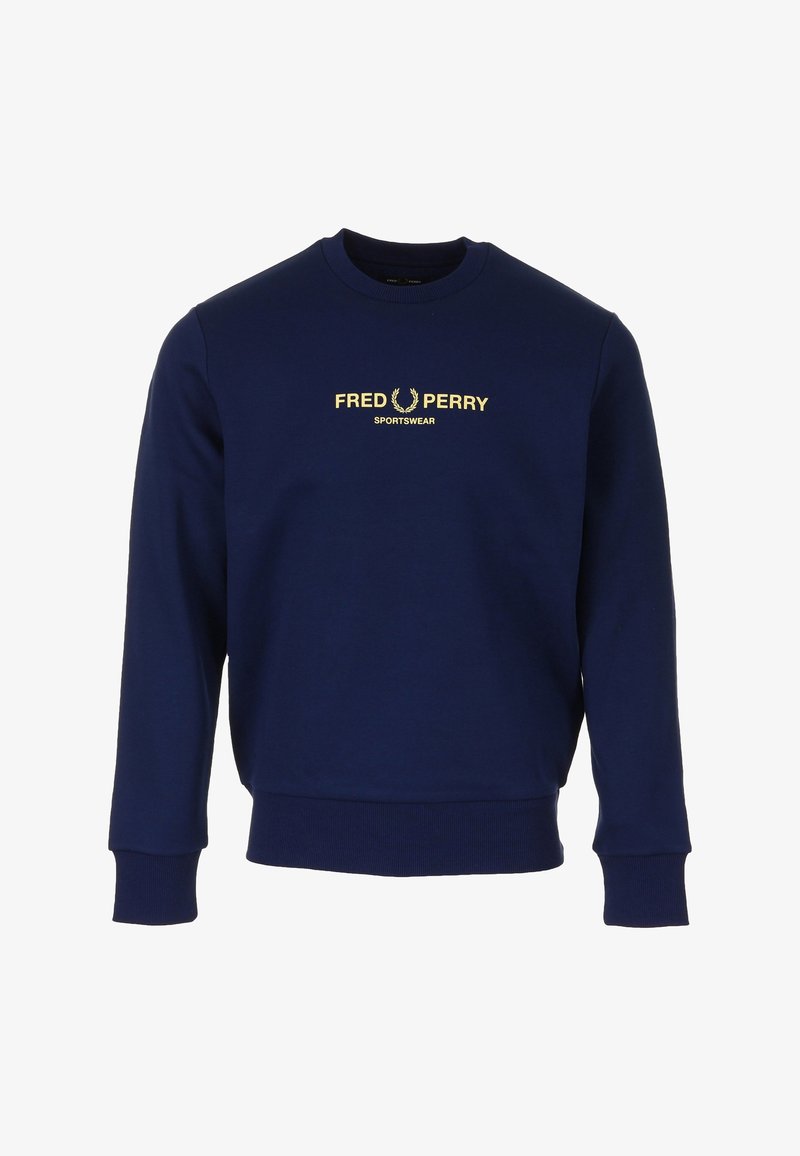 Felpa blu navy in misto cotone, con polsini e orlo a costine, e logo ricamato in oro "FRED PERRY SPORTSWEAR" sulla parte anteriore.