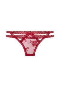 String rouge en dentelle avec motif floral, panneaux en maille transparente et détail de nœud décoratif à l'avant. Conception à multiples lanières sur les côtés.