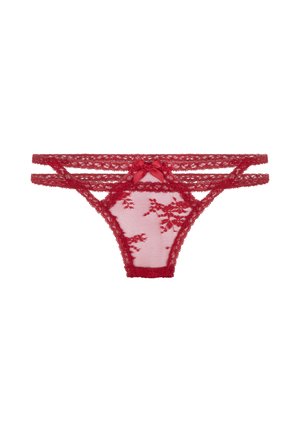 Rote Spitzen-Tanga mit floralem Muster, durchsichtigen Mesh-Einsätzen und dekorativem Schleifendetail an der Vorderseite. Mehrfachriemendesign an den Seiten.
