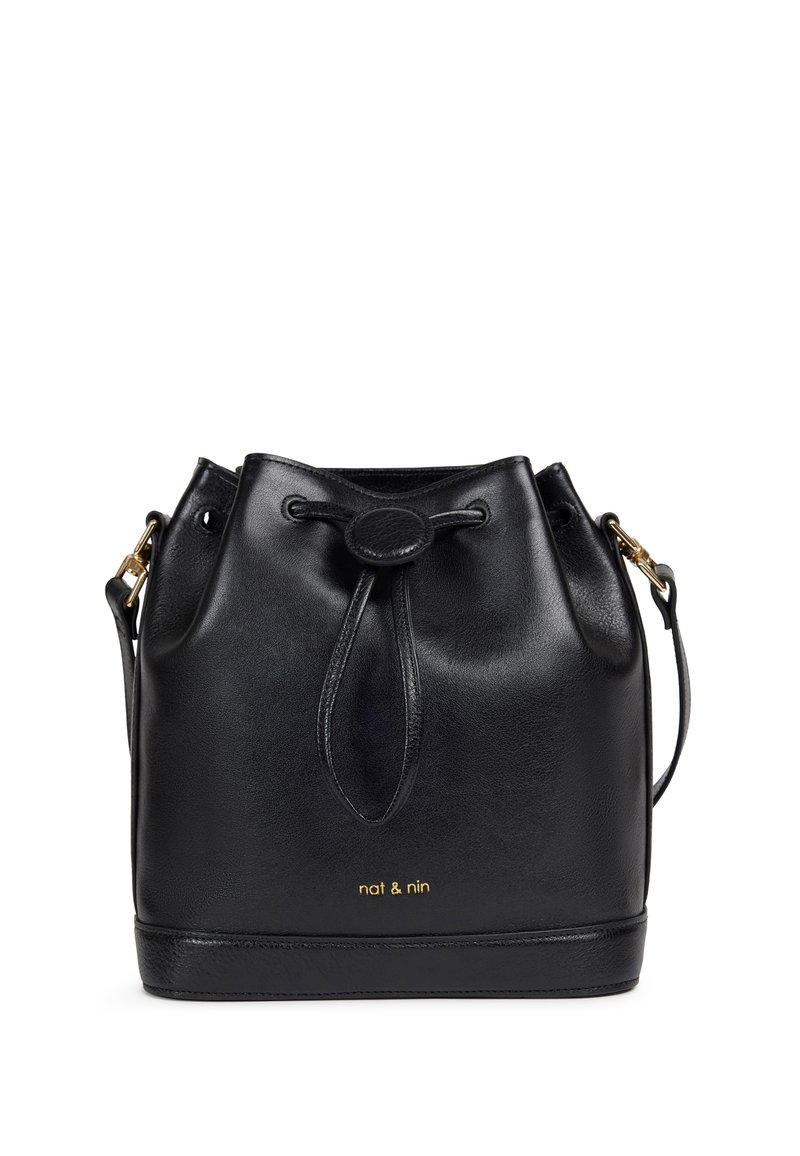 Black leather bucket bag with a rounded shape, adjustable strap, drawstring closure, and gold logo detailing at the front bottom.