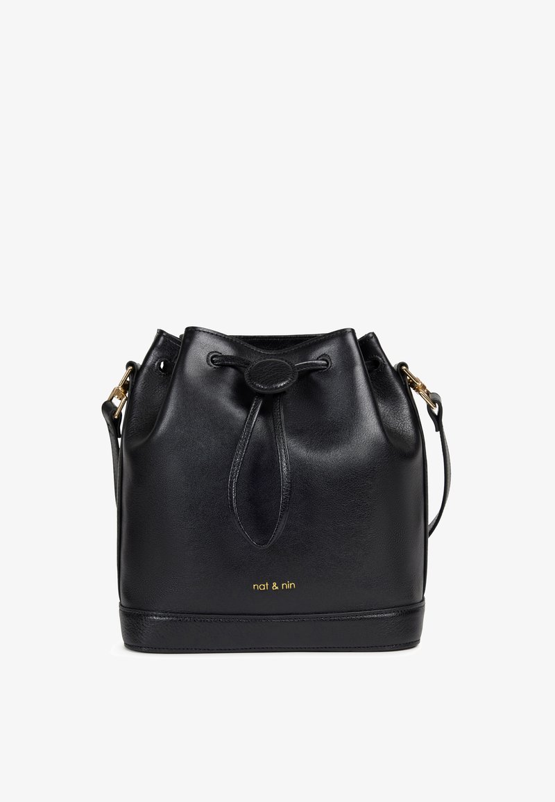 Black leather bucket bag with a rounded shape, adjustable strap, drawstring closure, and gold logo detailing at the front bottom.