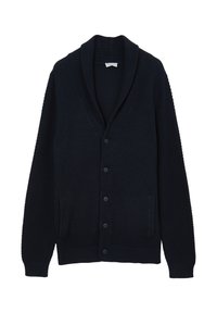 Cardigan in maglina blu navy con colletto a scialle, chiusura con bottoni, due tasche laterali e polsini a coste. Superficie tessurizzata con un motivo sottile.