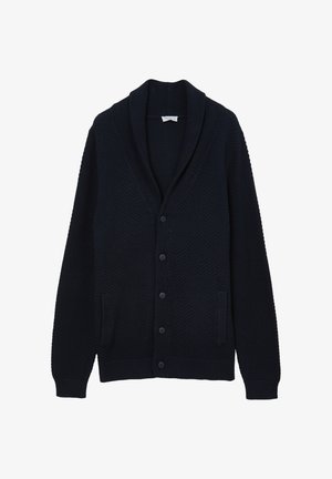 Cardigan in maglina blu navy con colletto a scialle, chiusura con bottoni, due tasche laterali e polsini a coste. Superficie tessurizzata con un motivo sottile.