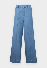 Κάπρες μπλε τζιν με φαρδύ πόδι και ψηλή μέση, με λείο υφή, διακριτές πτυχές και ραμμένη λεπτομέρεια στο στρίφωμα.