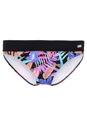 Zwemslips met een brede zwarte tailleband. Voorzien van een kleurrijk tropisch bladerenpatroon in roze, blauw en oranje op een zwarte achtergrond.