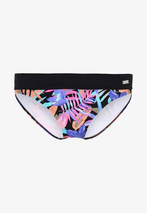 Bañador tipo slip con una cinturilla ancha negra. Presenta un colorido patrón de hojas tropicales en rosa, azul y naranja sobre un fondo negro.