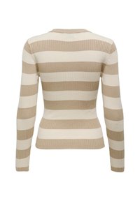 Geribbelde trui met lange mouwen, met horizontale strepen in beige en crème. V-hals ontwerp en een aansluitende silhoutte.