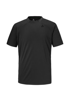 Schwarzes, kurzärmeliges Sport-T-Shirt mit Rundhalsausschnitt und kleinem Logo auf der linken Brust, hergestellt aus leichtem, atmungsaktivem Stoff.