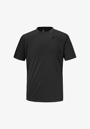 Schwarzes, kurzärmeliges Sport-T-Shirt mit Rundhalsausschnitt und kleinem Logo auf der linken Brust, hergestellt aus leichtem, atmungsaktivem Stoff.