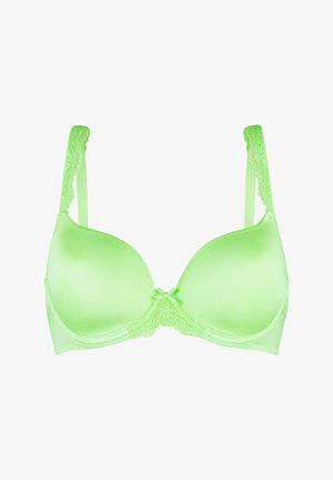Soutien-gorge push-up vert clair avec des bretelles en dentelle et un détail central en dentelle, doté de coques moulées et d'une texture lisse.