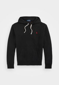 Svart hoodie i mjuk bomull. Har en kenguruficka, justerbar dragstringshuva och en liten röd broderad logotyp på bröstet.