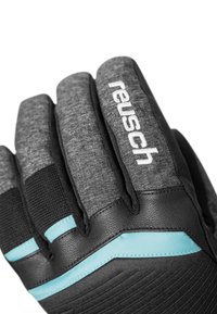Strukturierte graue Handschuhe mit schwarzen Lederakzenten und hellblauen Streifen. Verfügt über gepolsterte Finger und eine verstärkte Handfläche für Langlebigkeit.