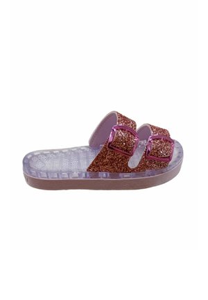 Sandalo a ciabatta per bambini con suola trasparente e due cinturini glitter oro rosa dotati di fibbie regolabili rosa.