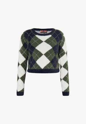 Maglione corto argyle verde e blu navy, realizzato in un morbido e soffice materiale con collo rotondo e orlo a coste contrastante.