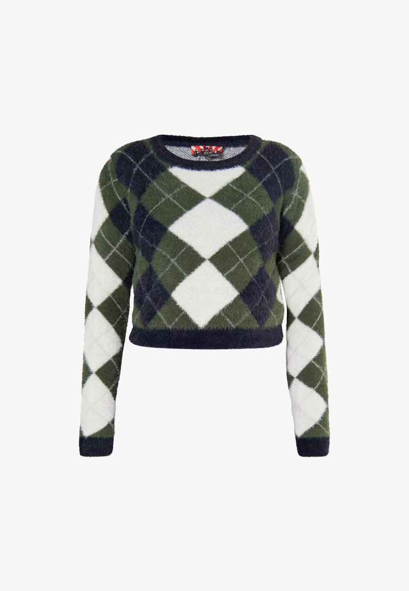 Žalias ir tamsiai mėlynas argyle stiliaus trumpas megztinis, pagamintas iš minkštos ir pūkuotos medžiagos, su apvaliu iškirpimu ir kontrastingu juostiniu išbaigimu.