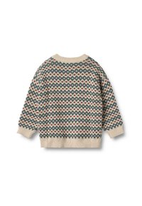 Maglione lavorato a maglia con una base beige chiaro, caratterizzato da un motivo a diamante ripetuto in verde scuro, rosso e blu navy. Collo e polsini a coste.
