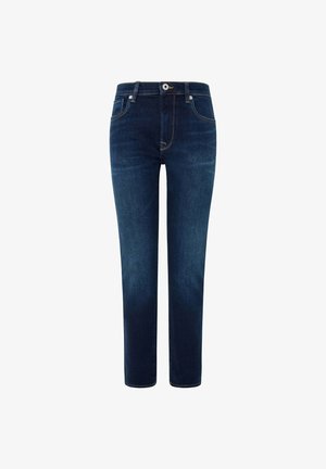 Temno modri kavbojke z ravnim krojem, z zapiranjem spredaj na gumb, petimi žepi in kontrastnim šivanjem.