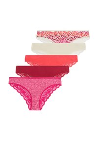 Vijf paren damesondergoed: kenmerken zijn een roze en oranje zebra print, effen kleuren, kantaccenten en variërende tinten roze en rood.