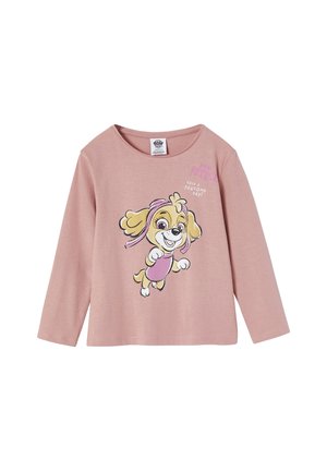 Langarm-Pink Baumwoll-T-Shirt mit einem Cartoon-Hund-Graphic, Text und Rundhalsausschnitt. Weiche Textur mit lockerer Passform.