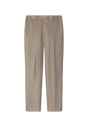 Hellbraune Leinenhose mit geradem Bein, flachem Vorderteil, Gürtelschlaufen und ohne sichtbare Muster oder Akzente.