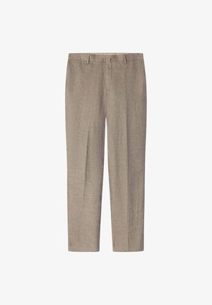 Pantaloni in lino marrone chiaro con design a gamba dritta, caratterizzati da una parte anteriore piatta, passanti per la cintura e senza motivi o dettagli visibili.