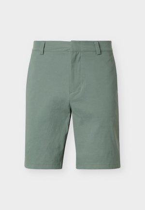 Men's mid-length shorts in muted green with belt loops and a front fly closure, displayed on a plain background.