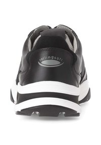 Zwarte sportschoen met een gladleren bovenwerk, gaasaccenten, een gevoerde zool en een witte tussenzool met een gestructureerde zwarte outsole.