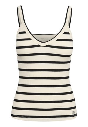 Juodai baltos dryžuotos tank top marškiniai, pagaminti iš raibos medžiagos, turintys V formos kaklą ir siauras petnešas. Išskirtinė logo apačioje.