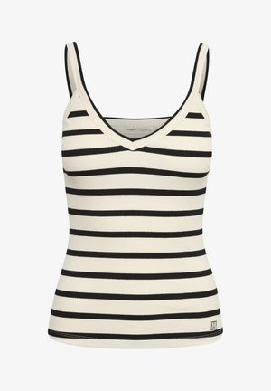Black and white striped tank top made of ribbed fabric, featuring a V-neck and narrow shoulder straps. Notable logo at the hem.