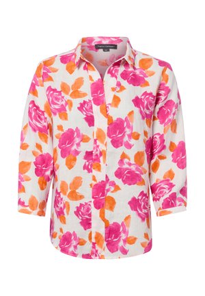 Biała koszula z długim rękawem w jaskrawy różowy i pomarańczowy kwiatowy wzór, z kołnierzykiem i ukrytym zapięciem na guziki z przodu.