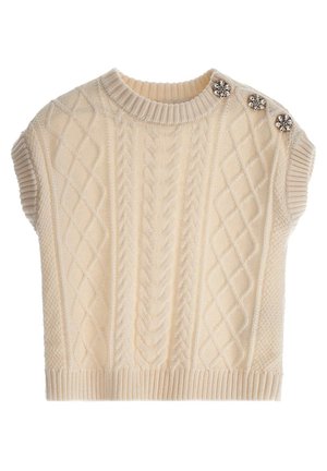 Cremefarbener ärmelloser Strickpullover mit Zopfmuster, geripptem Kragen, Armausschnitten, Saum und drei dekorativen Strassknöpfen auf der linken Schulter.
