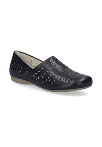 Des chaussures noires en cuir à enfiler présentent des découpes florales, un bout rond et une semelle en caoutchouc beige basse, offrant un style léger et respirant.