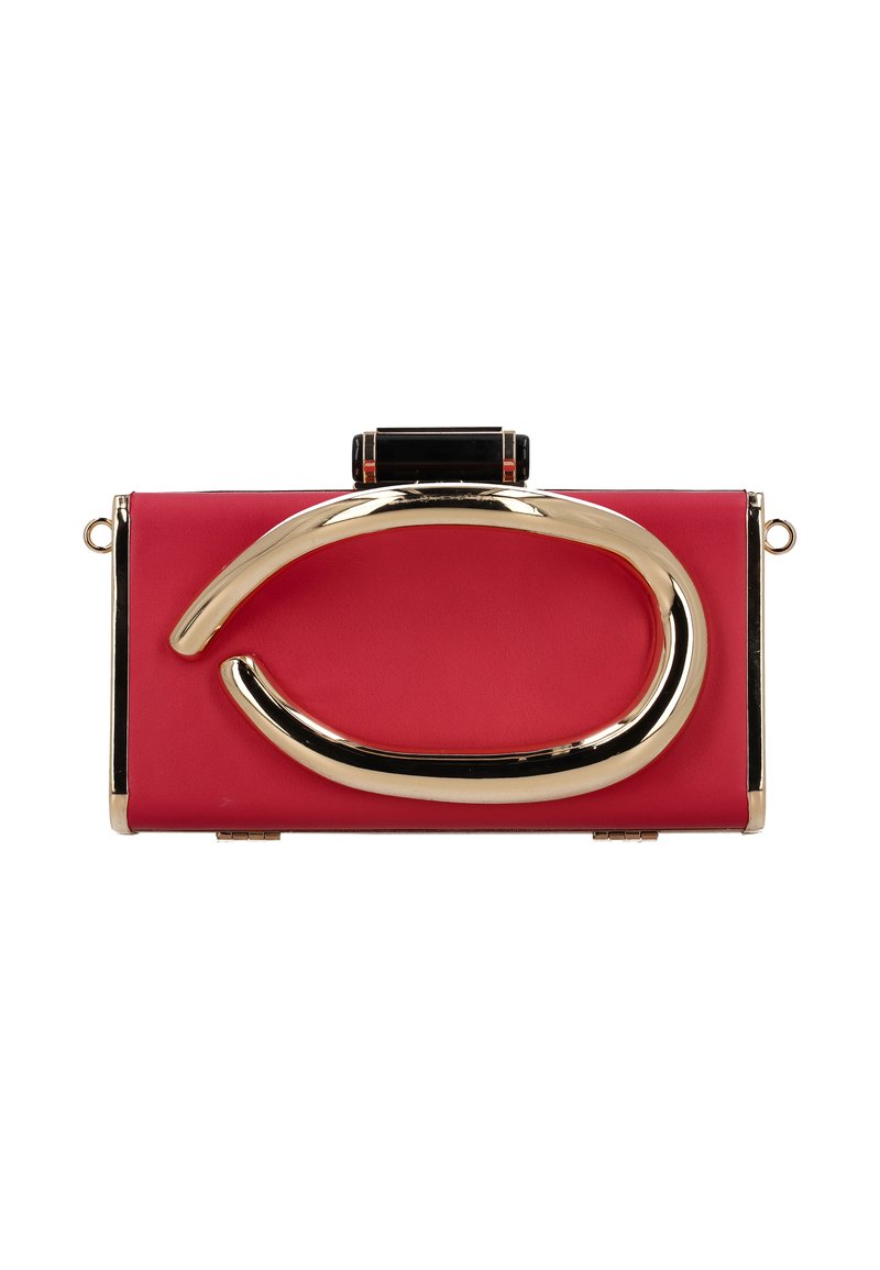 Rote Leder-Clutch mit einem goldenen, geschwungenen Griff und schwarzem Steinschloss, mit einer eleganten rechteckigen Form und glatter Textur.