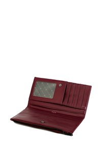 Opened burgundy leather wallet with multiple card slots, a transparent ID window, and a zipped compartment on a white background.