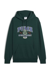 Felpa verde con tasca a marsupio, polsini a costine e un grande logo "PUMA" multicolore con un emblema sopra.