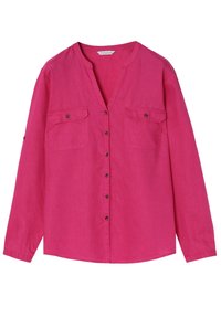 Chemise rose vif à manches longues avec col en V, boutonnage sur le devant, deux poches poitrine à rabats boutonnés et coupe décontractée.