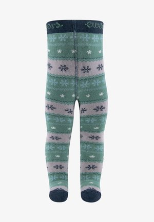 Knielange gemusterte Strumpfhosen in Grün und Grau mit Schneeflocken-Motiven, elastischem Rippenbund und weichem, dehnbarem Strickmaterial.