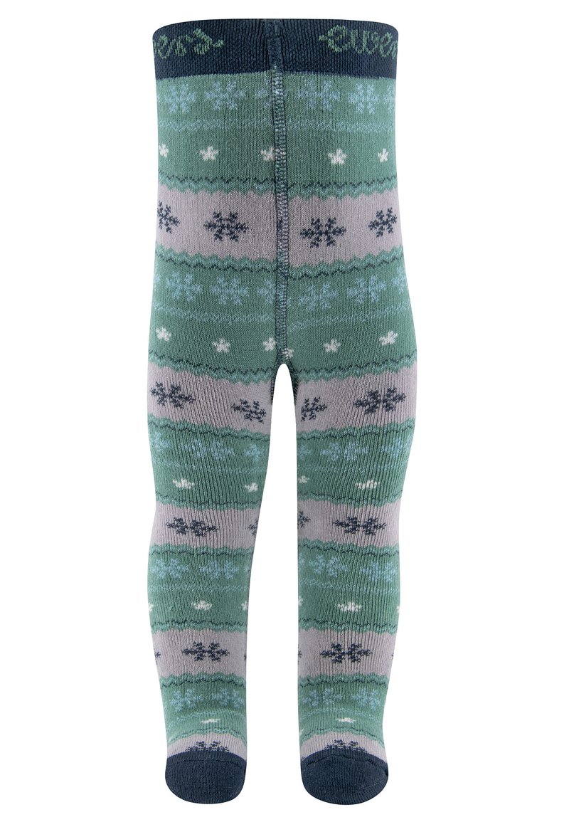 Collants à hauteur de genou à motifs vert et gris, avec des motifs de flocons de neige, une taille côtelée et une texture en tricot douce et extensible.