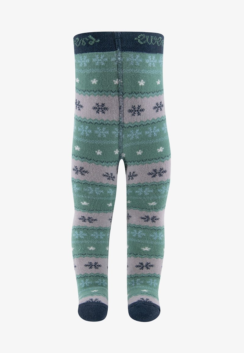 Collants à hauteur de genou à motifs vert et gris, avec des motifs de flocons de neige, une taille côtelée et une texture en tricot douce et extensible.