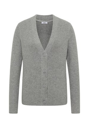 Grå ribbede cardigan med V-hals, lange ærmer og fem frontknapper, lavet af et blødt, struktureret strikkemateriale.