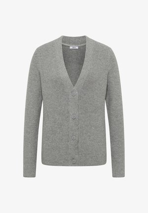 Grauer gerippter Cardigan mit V-Ausschnitt, langen Ärmeln und fünf Knöpfen vorne, aus einem weichen, strukturierten Strickmaterial gefertigt.