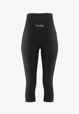 Schwarze hochtaillierte Capri-Leggings aus einem elastischen Stoff, mit flachen Nähten und einem kleinen weißen Logo am Bund.
