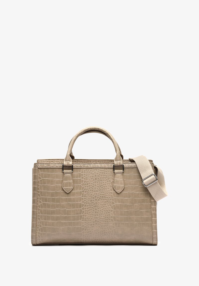 Bežinė stačiakampė rankinė su krokodilo tekstūra, dvi rankenos ir nuimamas reguliuojamas peties diržas su metaline sagtimi.
