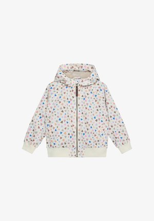 Veste à capuche en tissu doux avec une base crème et des motifs de cœurs multicolores en rose, bleu et marron. Elle dispose d'une fermeture éclair à l'avant.