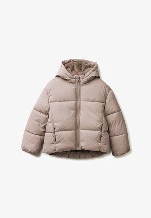 Chaqueta acolchada en beige claro, con capucha, paneles acolchados, cierre frontal de cremallera y forro suave y peludo. Diseño corto y recortado para mayor calidez.