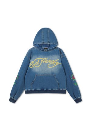 Blauwe denim hoodie met gele "Ed Hardy" tekst op de voorkant en bloemige rozenontwerpen op beide mouwen, met een voorzak en geribde boorden.